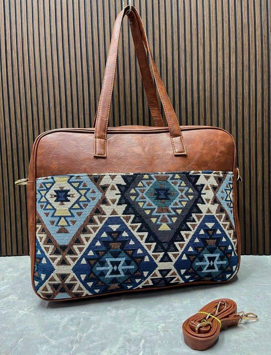 Sky and Navy Blue Jacquard Luxe Laptop Bag with Brown Leatherite